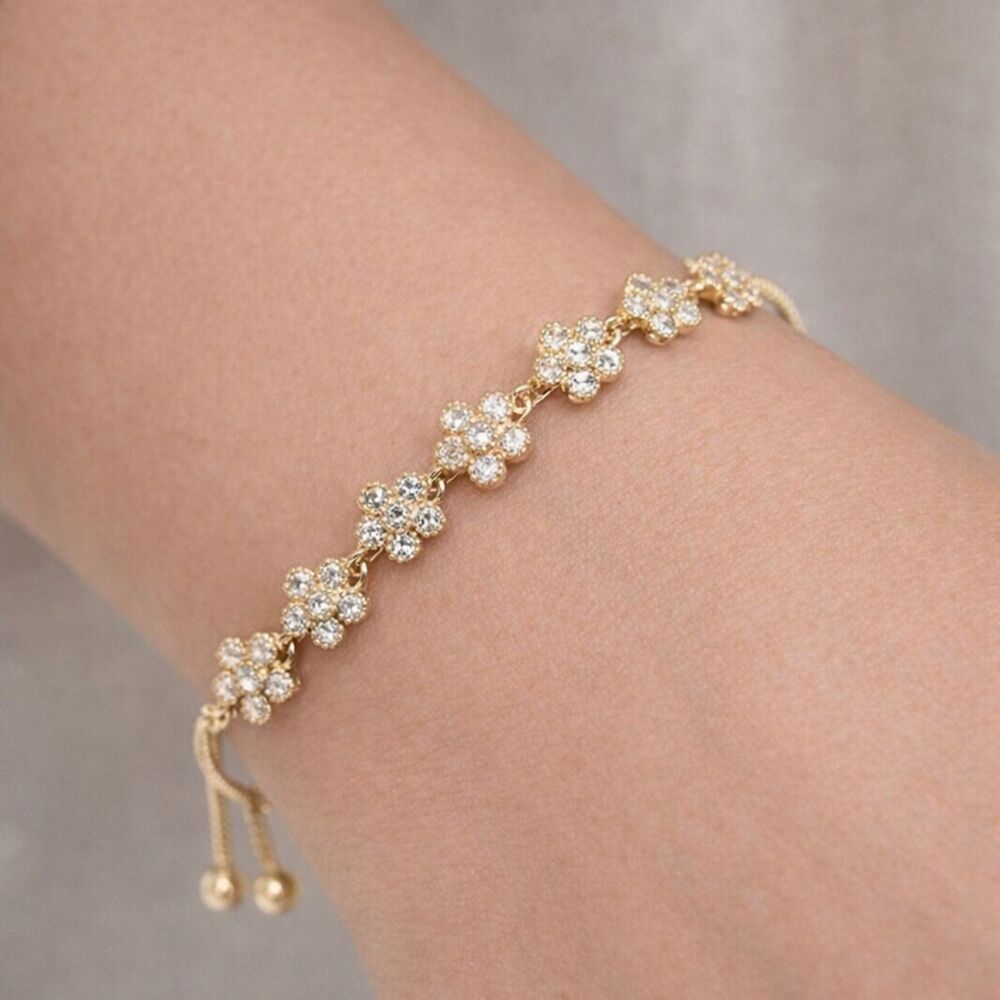 NEW Pretty Bird Sparkling CZ Flowers Adjustable Lariat Bracelet Gold Plated